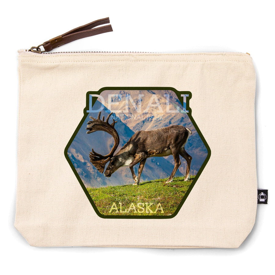 Denali National Park, Alaska, Caribou Bull,, Organic Cotton Zipper Pouch, Go Bag Go Bag Lantern Press 