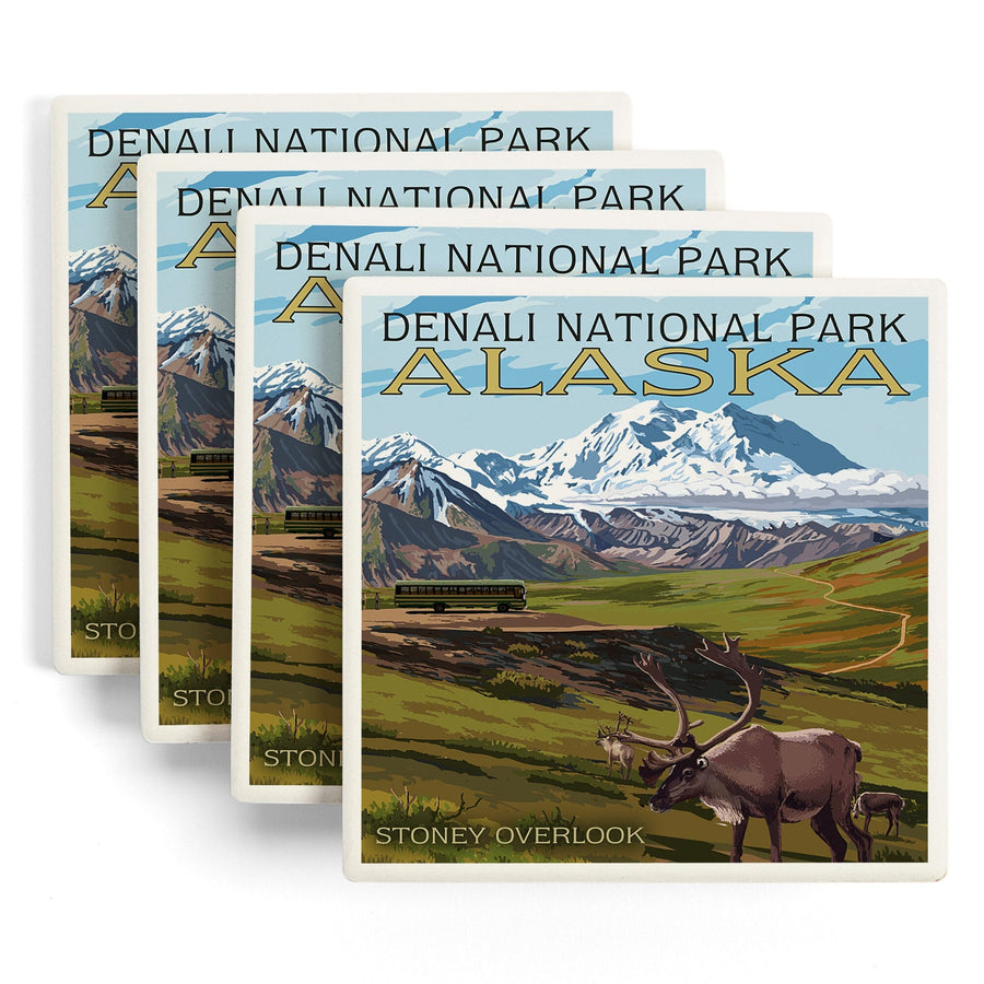 Denali National Park, Alaska, Caribou & Stoney Overlook, Lantern Press Artwork, Coaster Set - Lantern Press