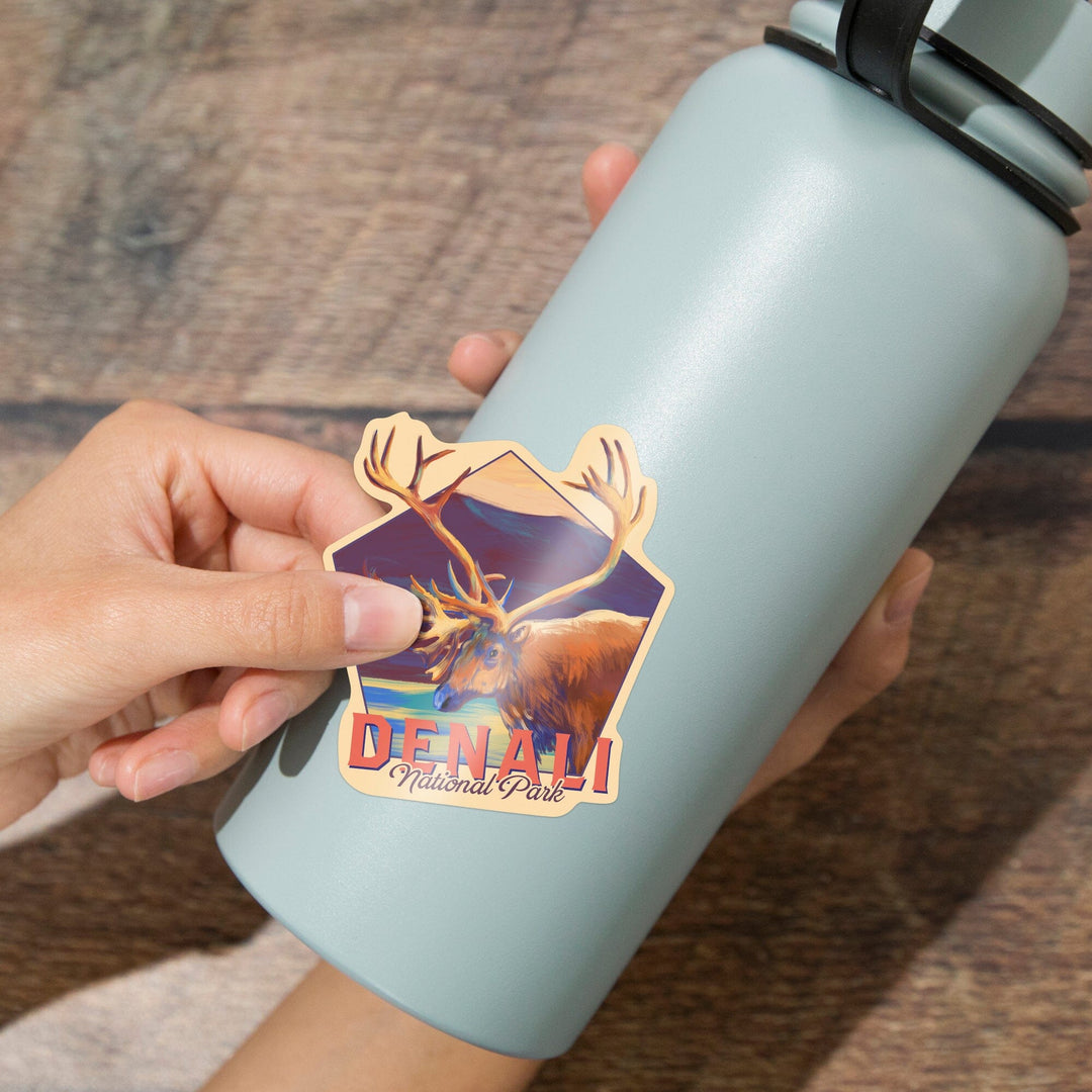 Denali National Park, Alaska, Caribou, Vivid Watercolor, Contour, Lantern Press Artwork, Vinyl Sticker - Lantern Press