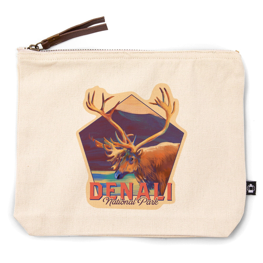 Denali National Park, Alaska, Caribou, Vivid Watercolor,, Organic Cotton Zipper Pouch, Go Bag Go Bag Lantern Press 