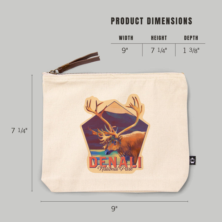 Denali National Park, Alaska, Caribou, Vivid Watercolor,, Organic Cotton Zipper Pouch, Go Bag Go Bag Lantern Press 