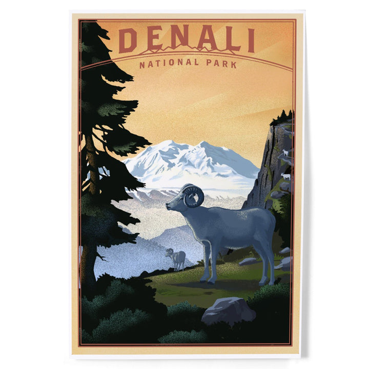 Denali National Park, Alaska, Dall Sheep and Mountain, Lithograph National Park Series, Art & Giclee Prints Art Lantern Press 