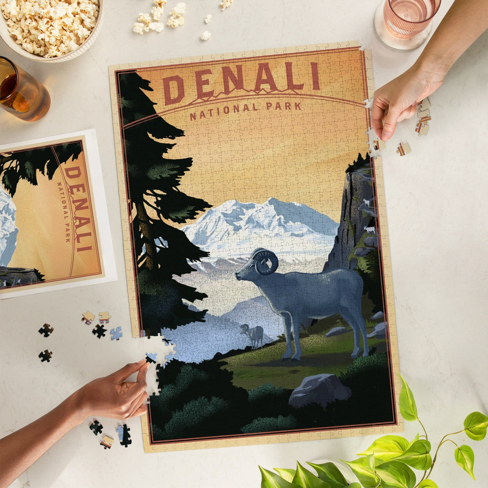 Denali National Park, Alaska, Dall Sheep and Mountain, Lithograph National Park Series, Jigsaw Puzzle Puzzle Lantern Press 