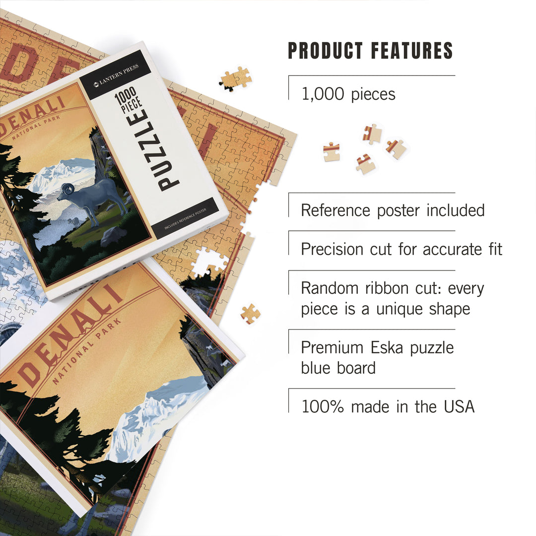 Denali National Park, Alaska, Dall Sheep and Mountain, Lithograph National Park Series, Jigsaw Puzzle Puzzle Lantern Press 