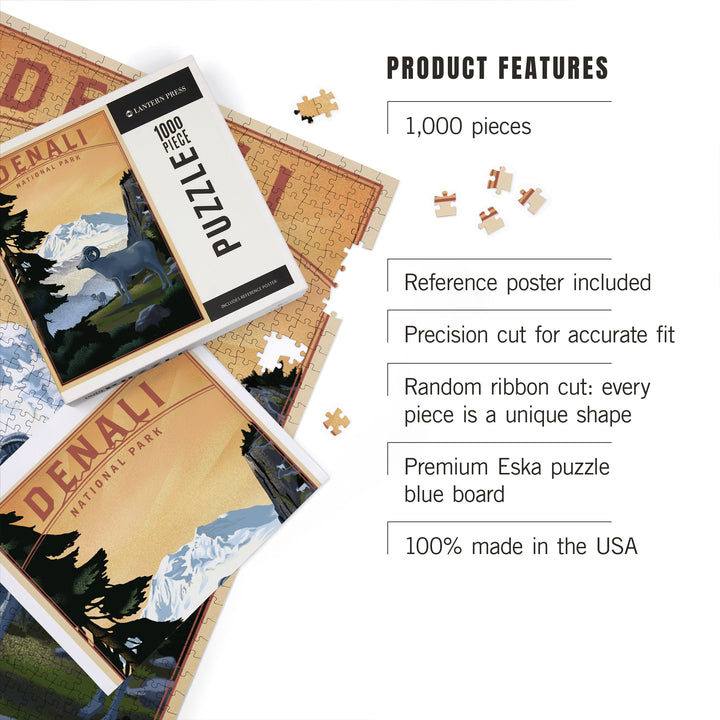 Denali National Park, Alaska, Dall Sheep and Mountain, Lithograph National Park Series, Jigsaw Puzzle Puzzle Lantern Press 