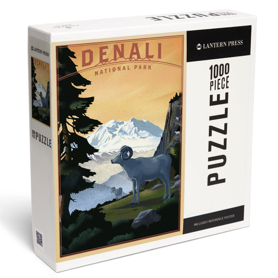Denali National Park, Alaska, Dall Sheep and Mountain, Lithograph National Park Series, Jigsaw Puzzle Puzzle Lantern Press 