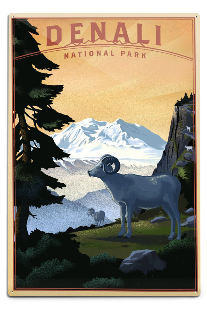 Denali National Park, Alaska, Dall Sheep and Mountain, Lithograph National Park Series, Metal Signs Metal Lantern Press 12x18 Metal Sign 