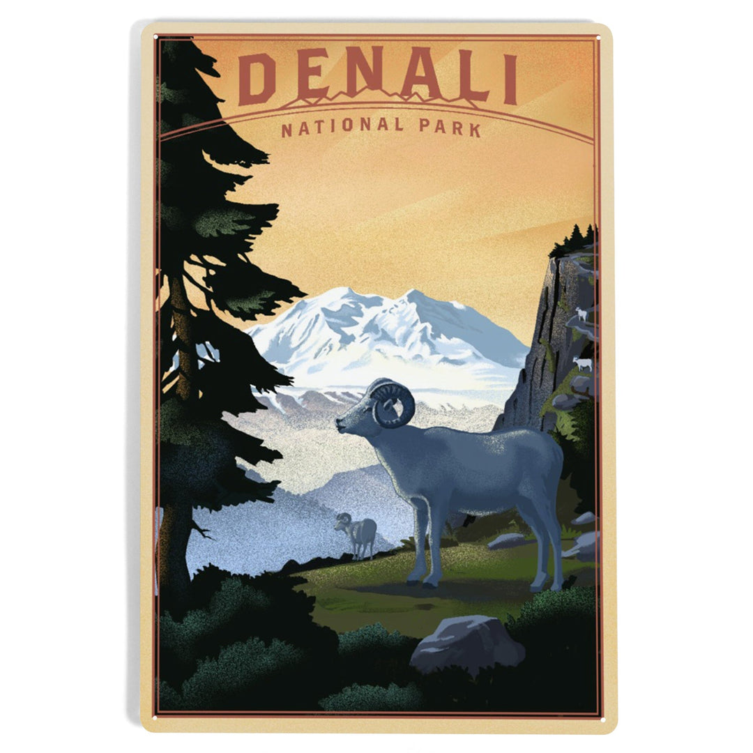 Denali National Park, Alaska, Dall Sheep and Mountain, Lithograph National Park Series, Metal Signs Metal Lantern Press 