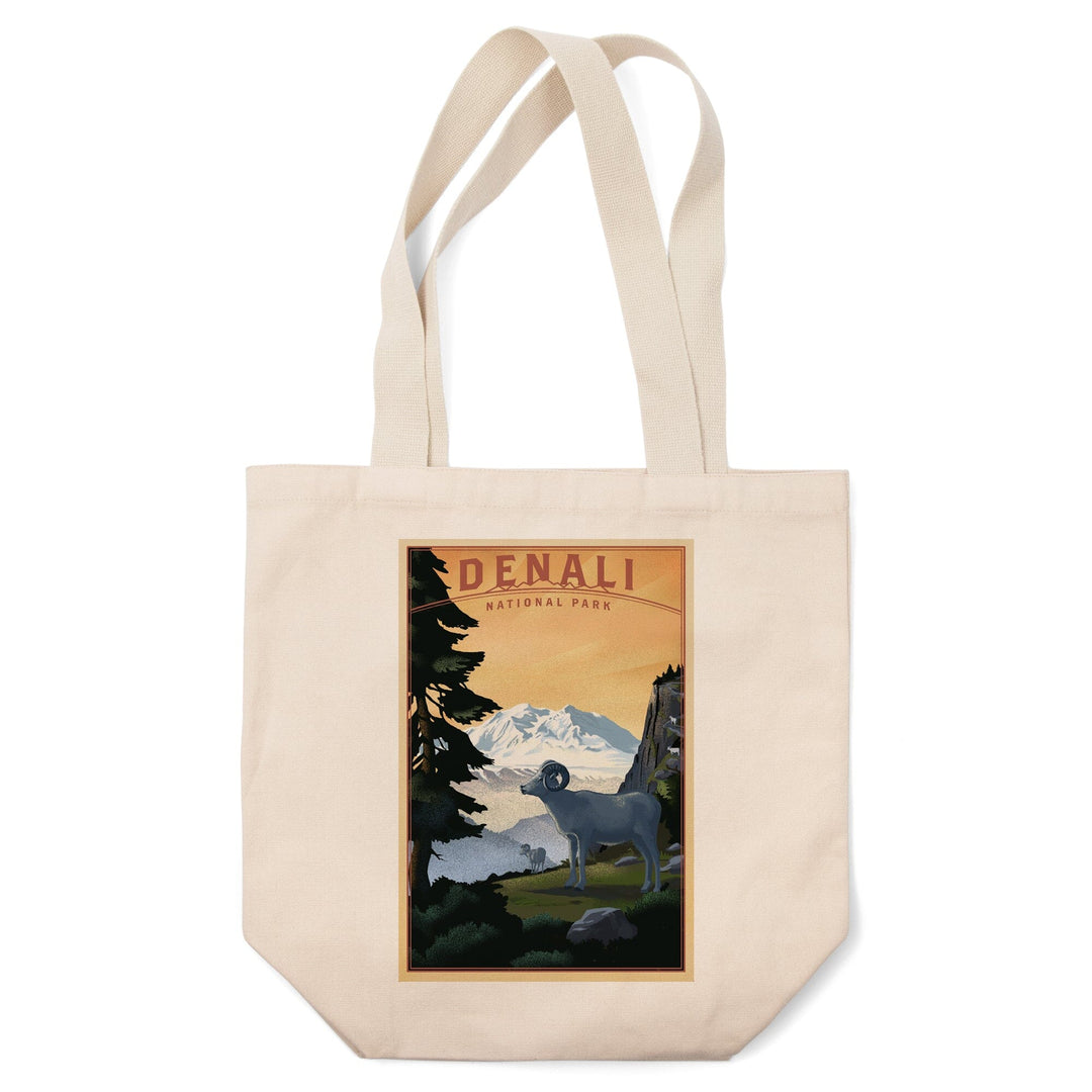 Denali National Park, Alaska, Dall Sheep & Mountain, Lithograph National Park Series, Lantern Press Artwork, Tote Bag Totes Lantern Press 