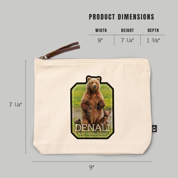 Denali National Park, Alaska, Grizzly Bear and Cubs,, Organic Cotton Zipper Pouch, Go Bag Go Bag Lantern Press 