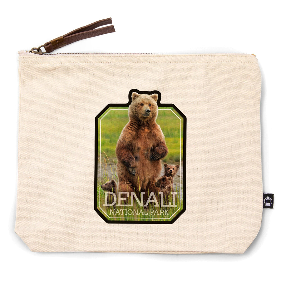 Denali National Park, Alaska, Grizzly Bear and Cubs,, Organic Cotton Zipper Pouch, Go Bag Go Bag Lantern Press 