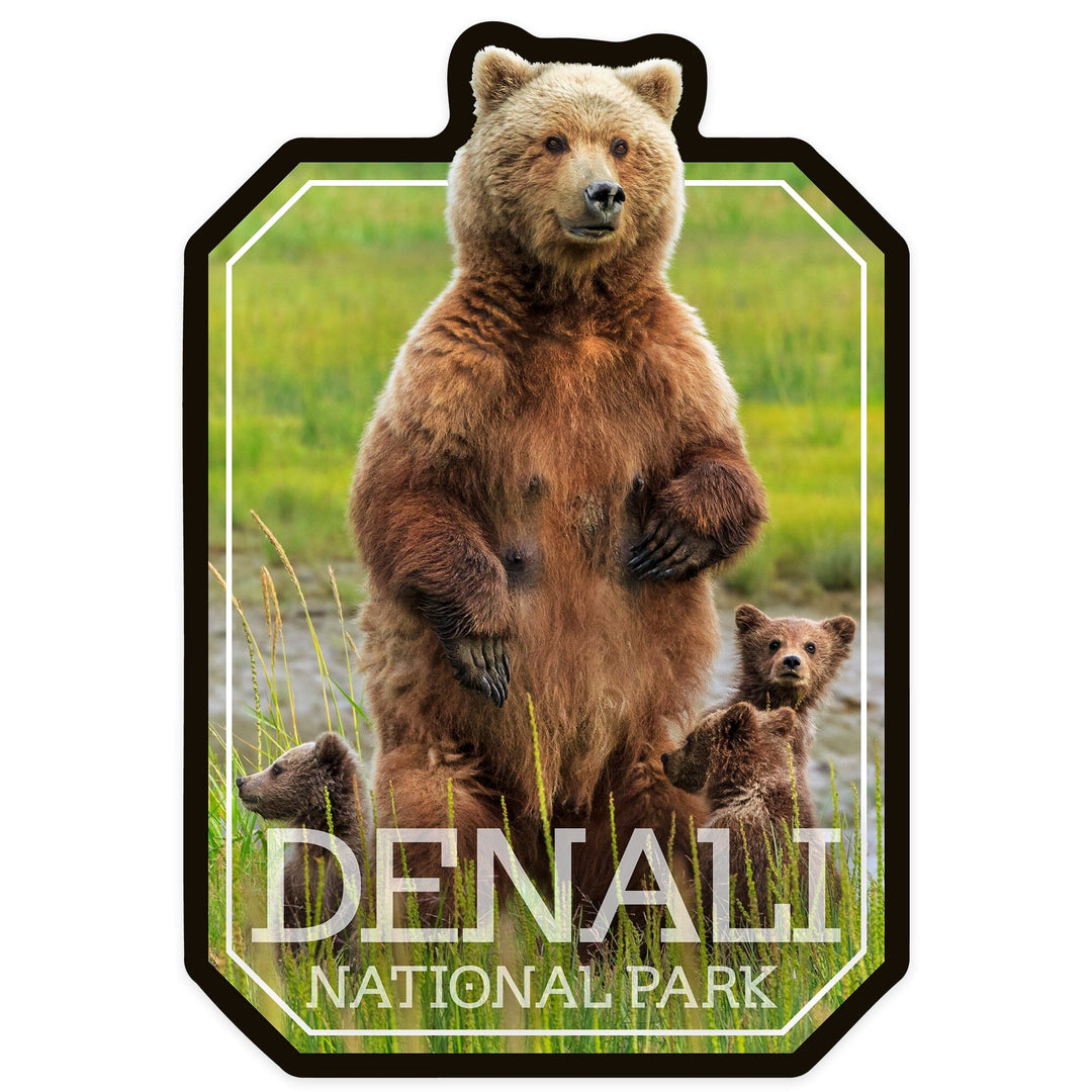 Denali National Park, Alaska, Grizzly Bear & Cubs, Contour, Lantern Press Photography, Vinyl Sticker - Lantern Press