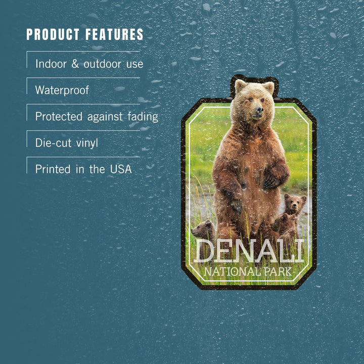 Denali National Park, Alaska, Grizzly Bear & Cubs, Contour, Lantern Press Photography, Vinyl Sticker Sticker Lantern Press 