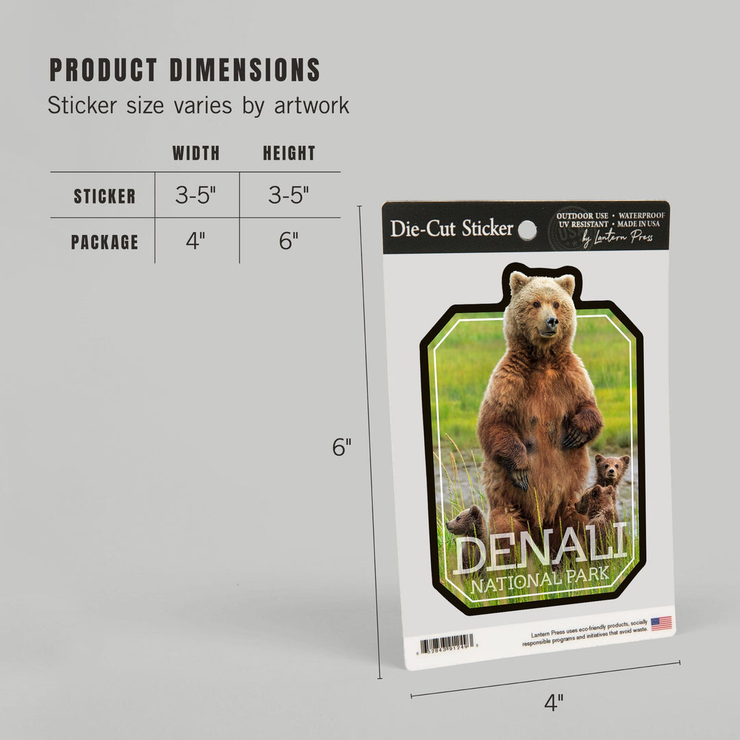 Denali National Park, Alaska, Grizzly Bear & Cubs, Contour, Lantern Press Photography, Vinyl Sticker Sticker Lantern Press 