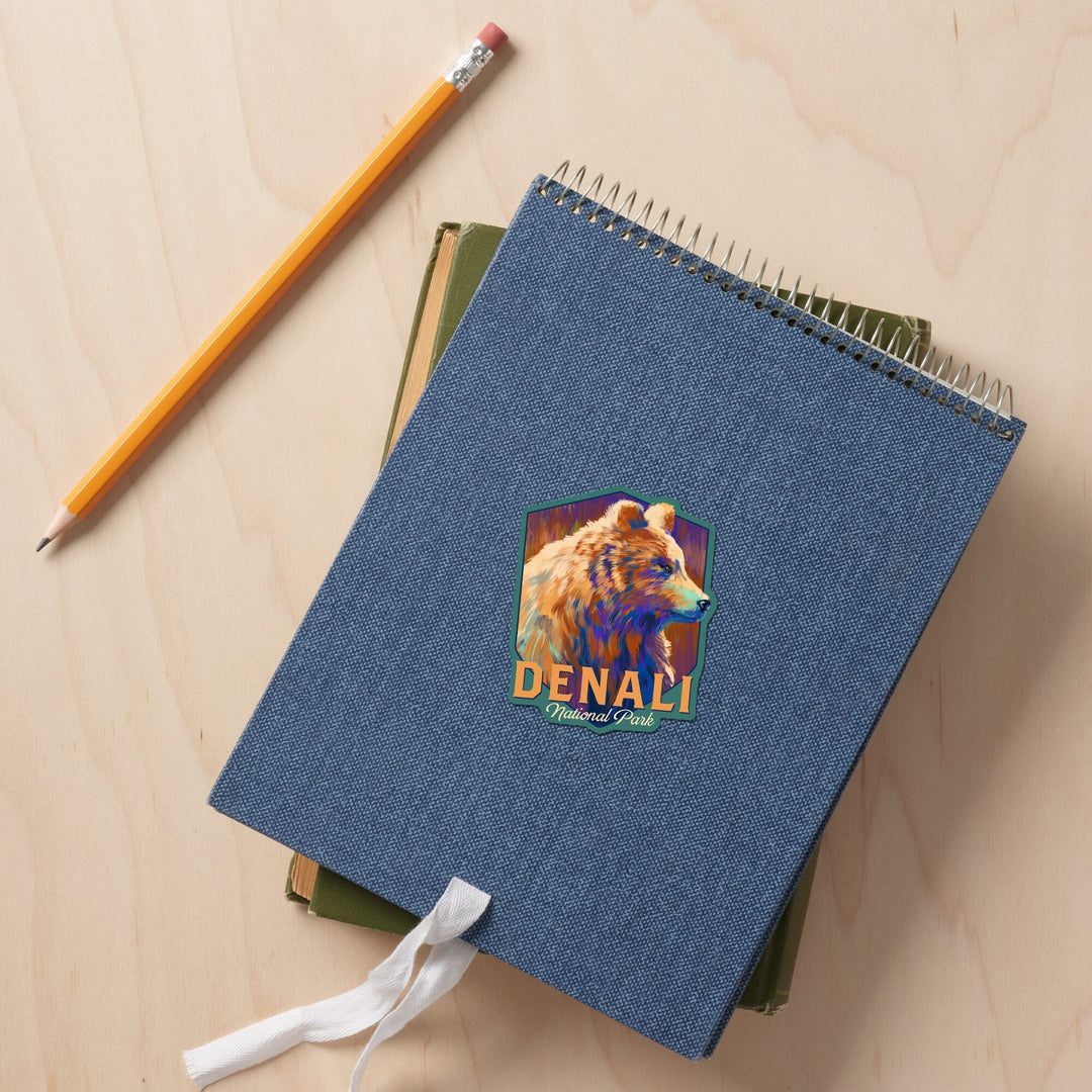 Denali National Park, Alaska, Grizzly Bear, Vivid, Contour, Lantern Press Artwork, Vinyl Sticker - Lantern Press