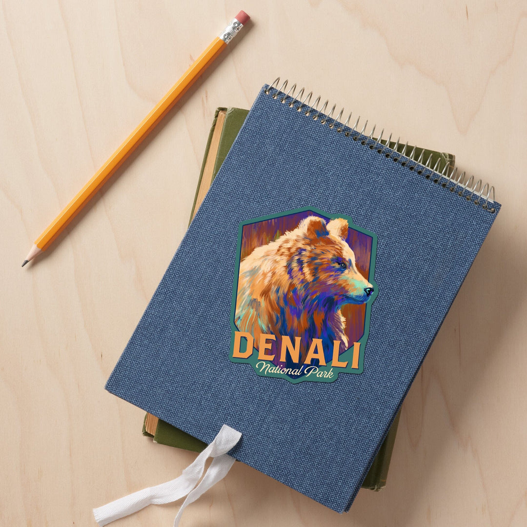 Denali National Park, Alaska, Grizzly Bear, Vivid, Contour, Lantern Press Artwork, Vinyl Sticker - Lantern Press