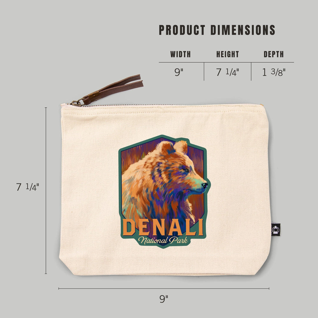 Denali National Park, Alaska, Grizzly Bear, Vivid,, Organic Cotton Zipper Pouch, Go Bag Go Bag Lantern Press 