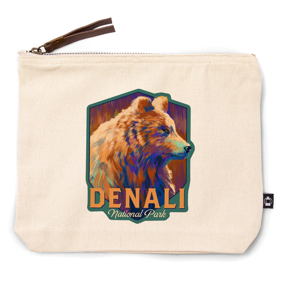 Denali National Park, Alaska, Grizzly Bear, Vivid,, Organic Cotton Zipper Pouch, Go Bag Go Bag Lantern Press 