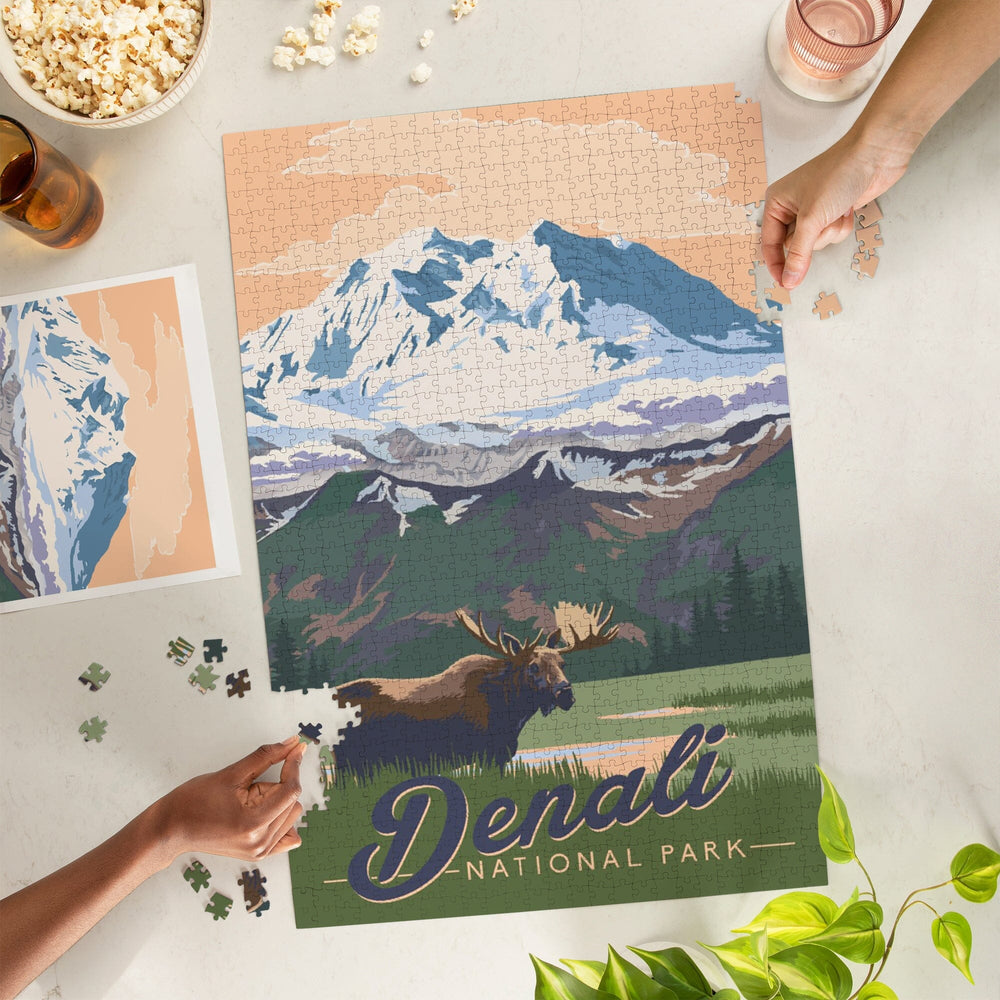 Denali National Park, Alaska, Moose and Mountains, Jigsaw Puzzle Puzzle Lantern Press 