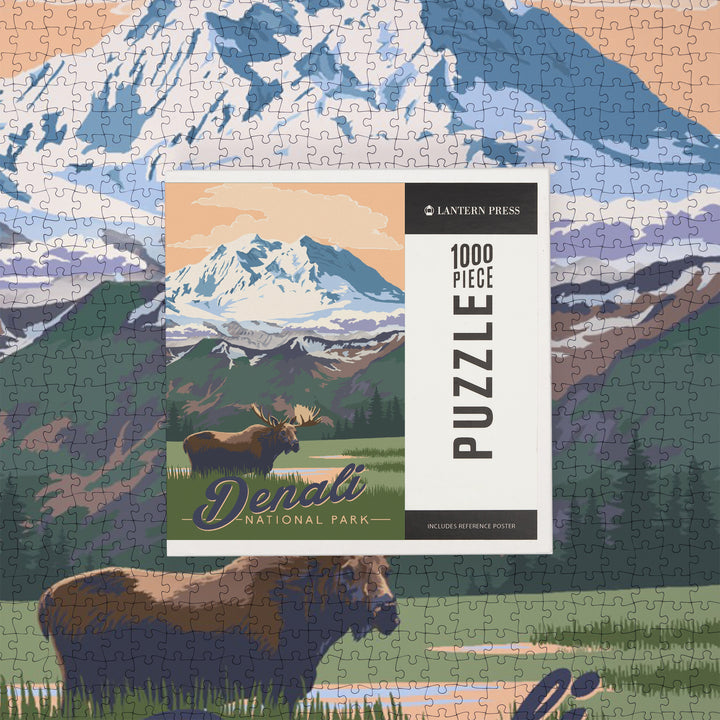 Denali National Park, Alaska, Moose and Mountains, Jigsaw Puzzle Puzzle Lantern Press 
