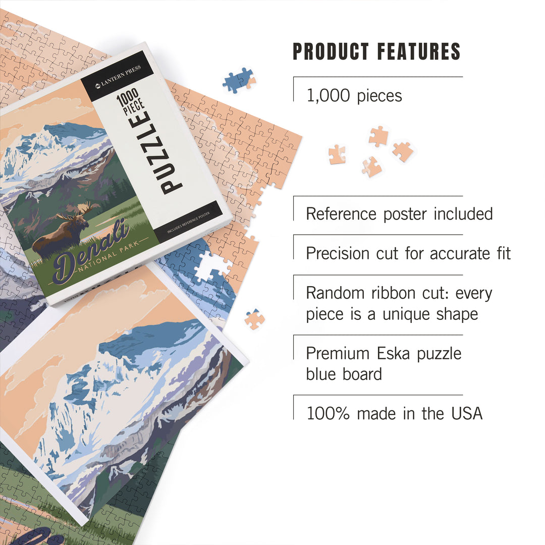 Denali National Park, Alaska, Moose and Mountains, Jigsaw Puzzle Puzzle Lantern Press 