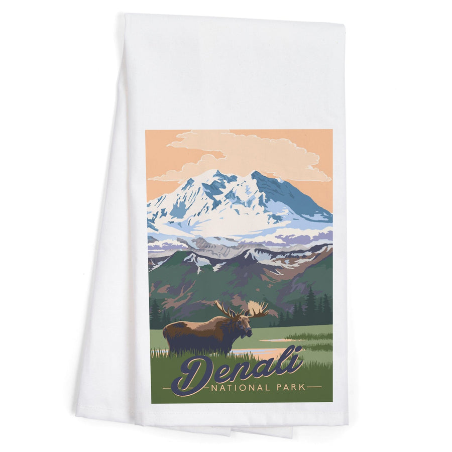 Denali National Park, Alaska, Moose and Mountains, Organic Cotton Kitchen Tea Towels Kitchen Lantern Press 