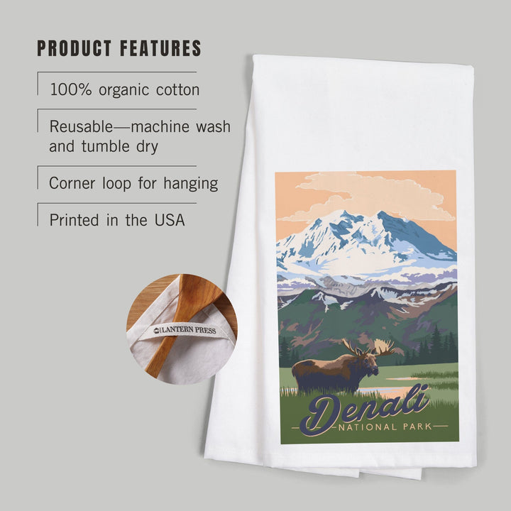 Denali National Park, Alaska, Moose and Mountains, Organic Cotton Kitchen Tea Towels Kitchen Lantern Press 