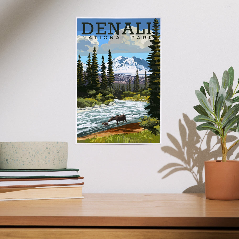 Denali National Park, Alaska, Moose and River Rapids, Art & Giclee Prints Art Lantern Press 