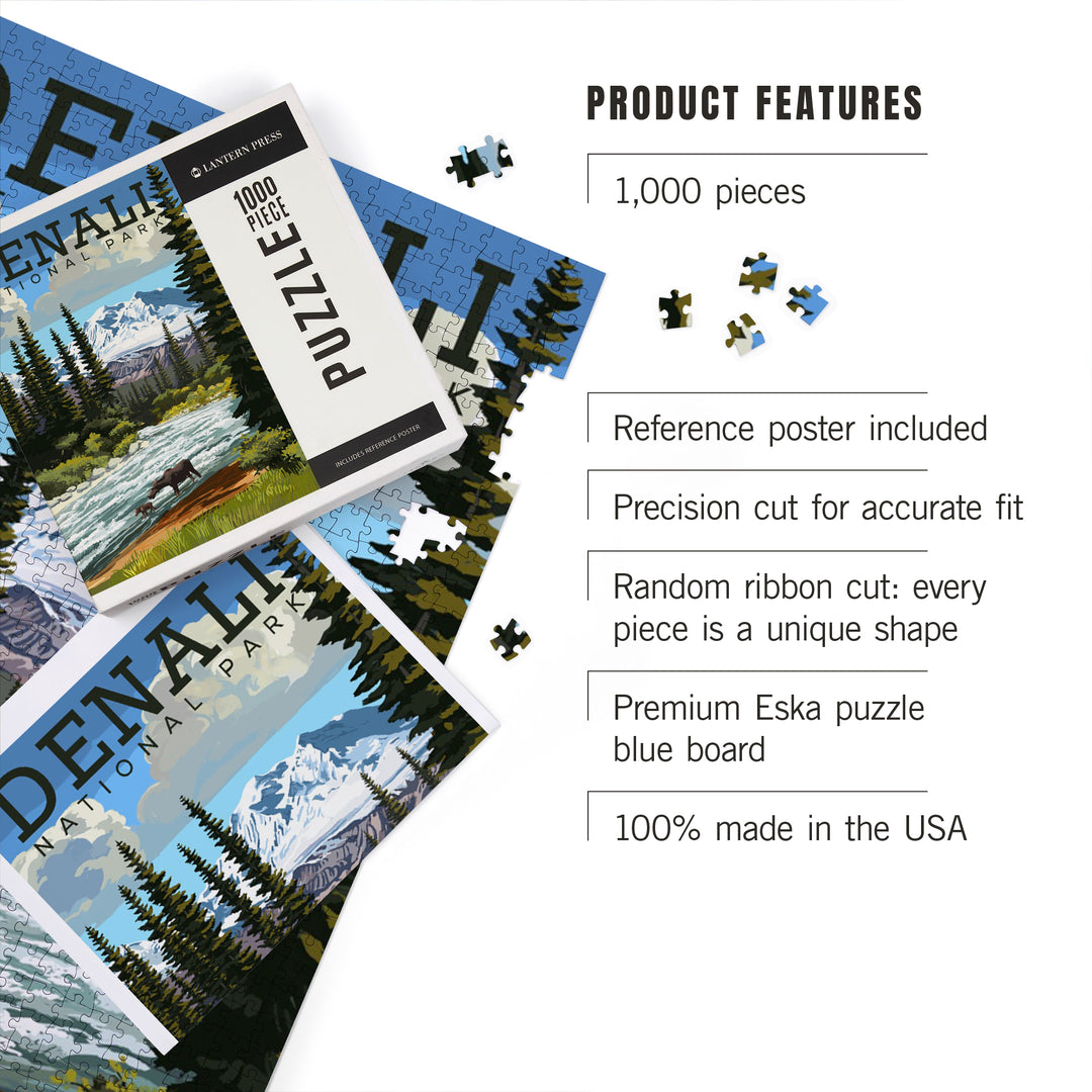 Denali National Park, Alaska, Moose and River Rapids, Jigsaw Puzzle Puzzle Lantern Press 