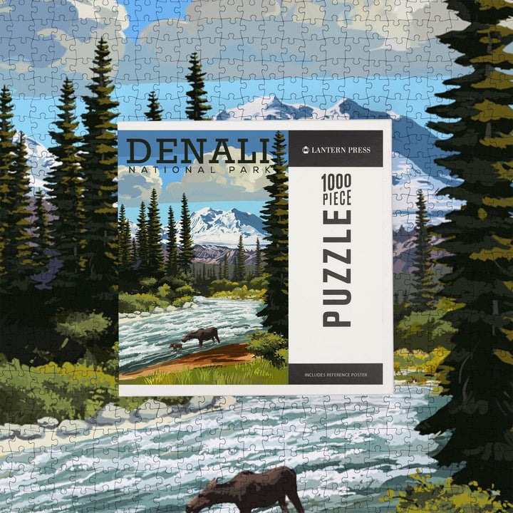 Denali National Park, Alaska, Moose and River Rapids, Jigsaw Puzzle Puzzle Lantern Press 