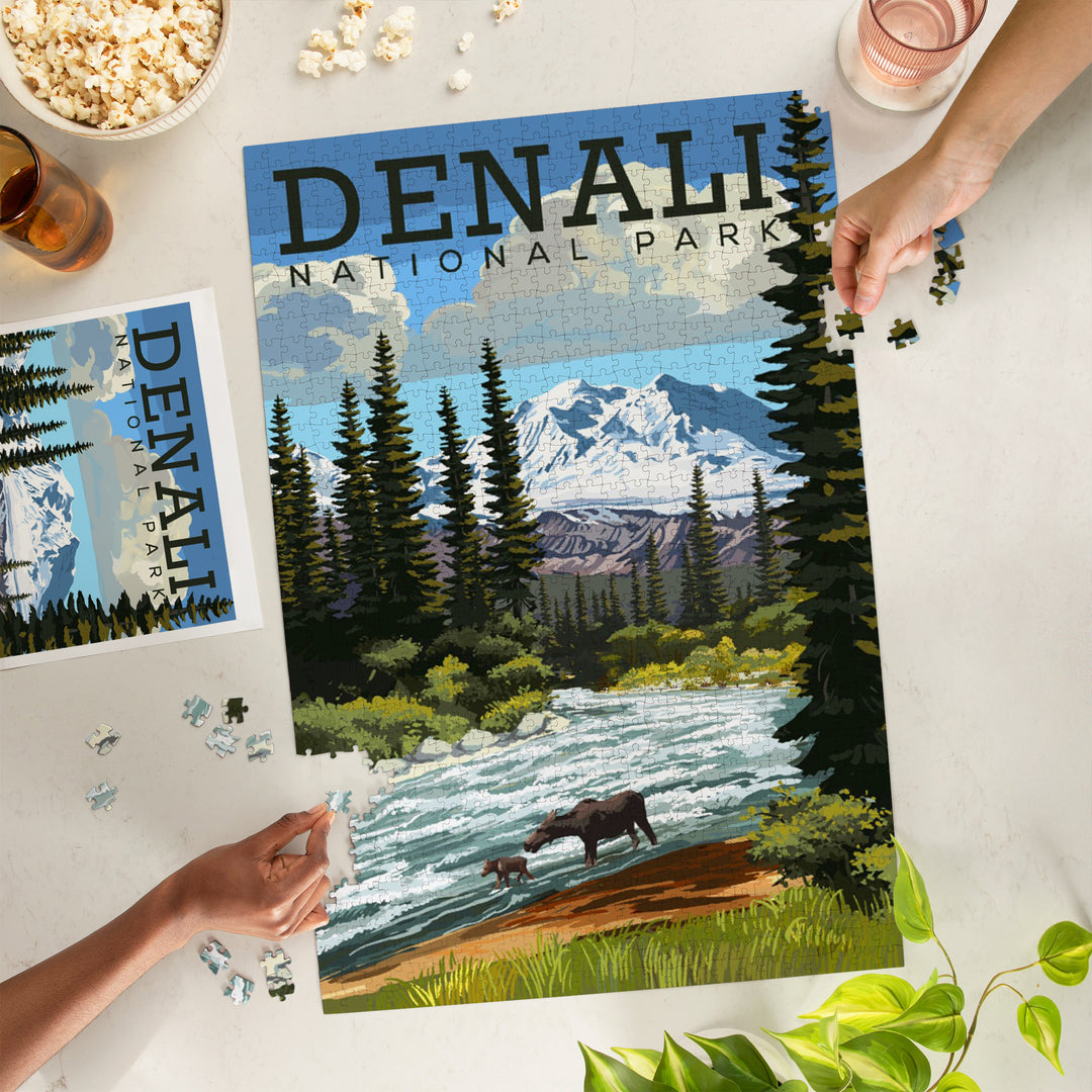 Denali National Park, Alaska, Moose and River Rapids, Jigsaw Puzzle Puzzle Lantern Press 