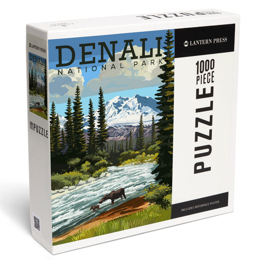 Denali National Park, Alaska, Moose and River Rapids, Jigsaw Puzzle Puzzle Lantern Press 