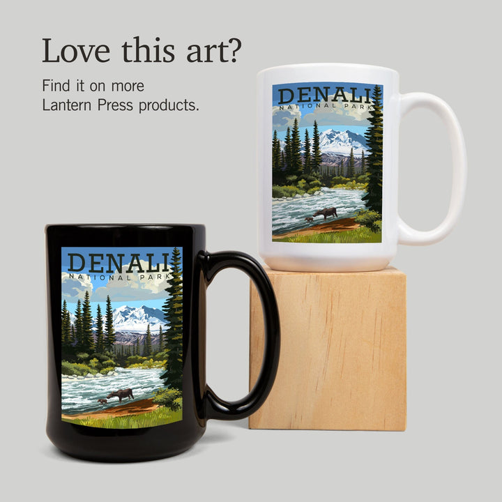 Denali National Park, Alaska, Moose and River Rapids, Lantern Press Artwork, Ceramic Mug Mugs Lantern Press 