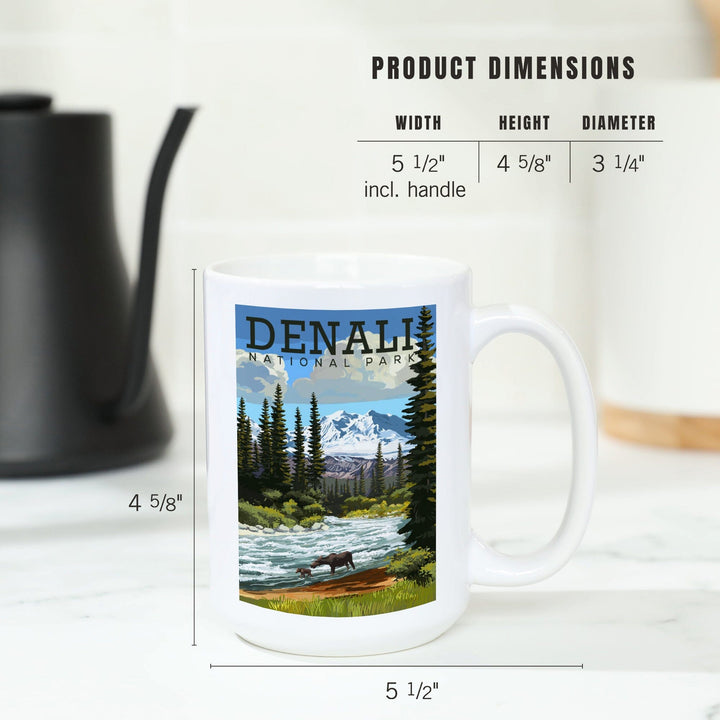 Denali National Park, Alaska, Moose and River Rapids, Lantern Press Artwork, Ceramic Mug Mugs Lantern Press 