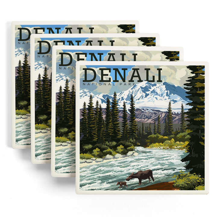 Denali National Park, Alaska, Moose and River Rapids, Lantern Press Artwork, Coaster Set - Lantern Press