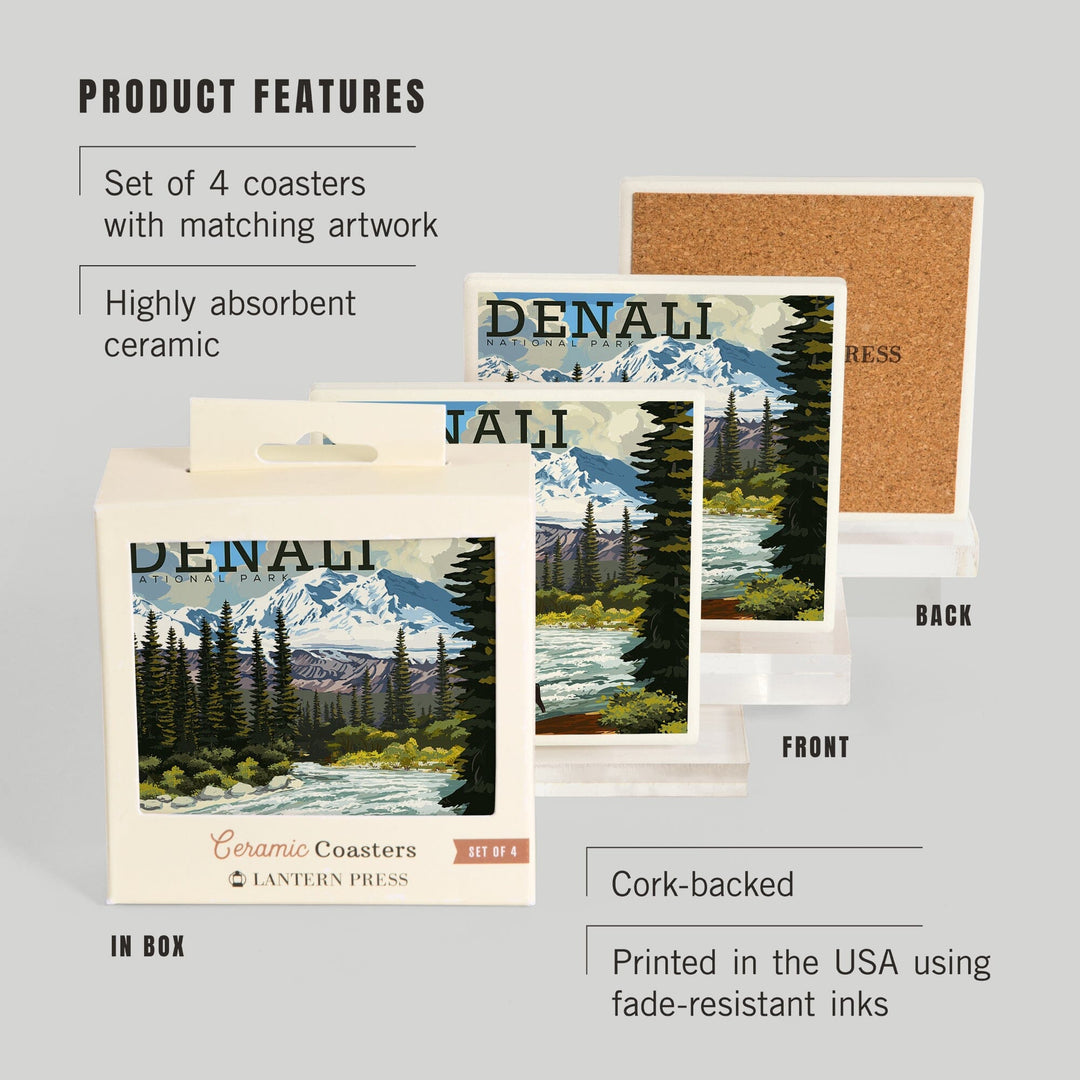 Denali National Park, Alaska, Moose and River Rapids, Lantern Press Artwork, Coaster Set - Lantern Press