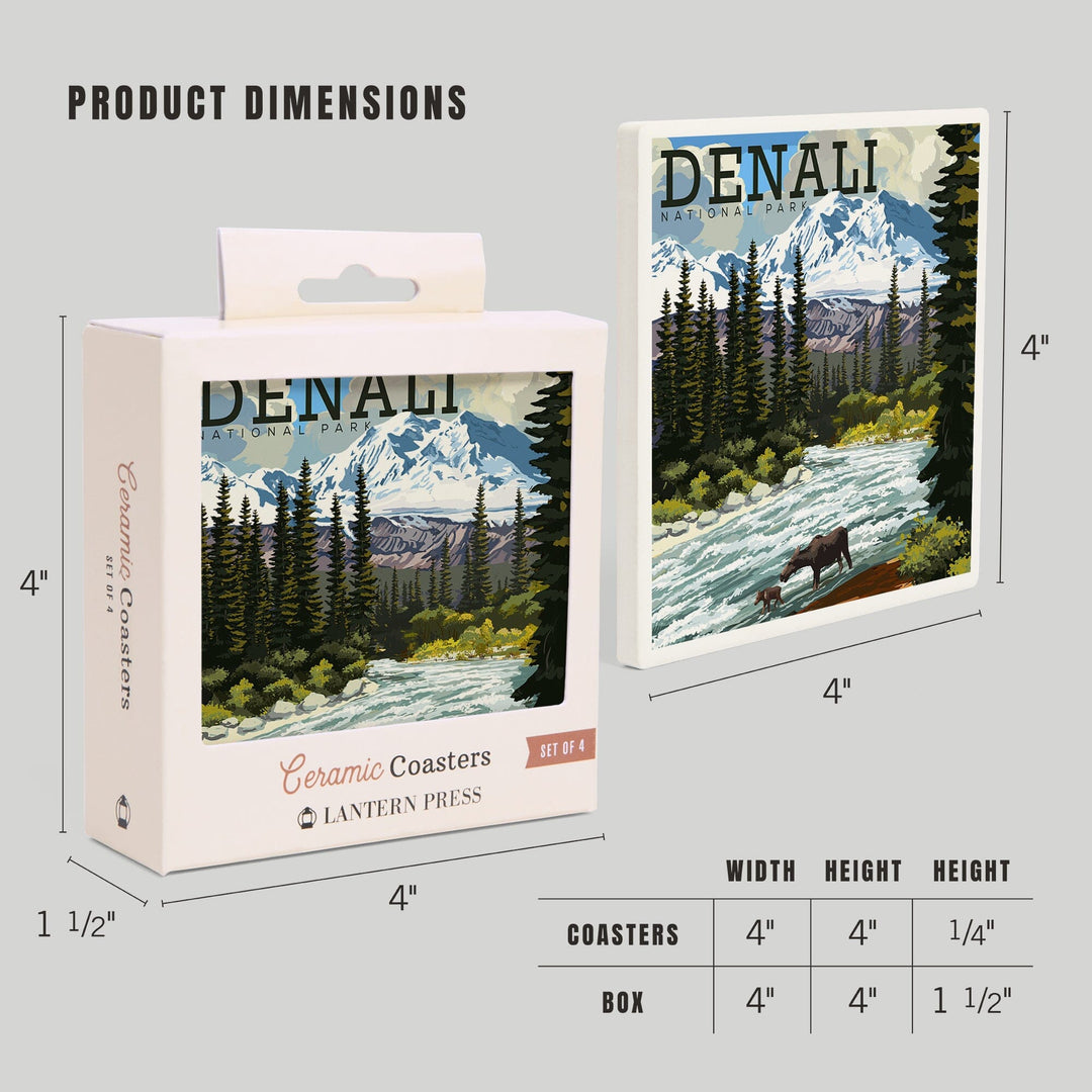 Denali National Park, Alaska, Moose and River Rapids, Lantern Press Artwork, Coaster Set - Lantern Press