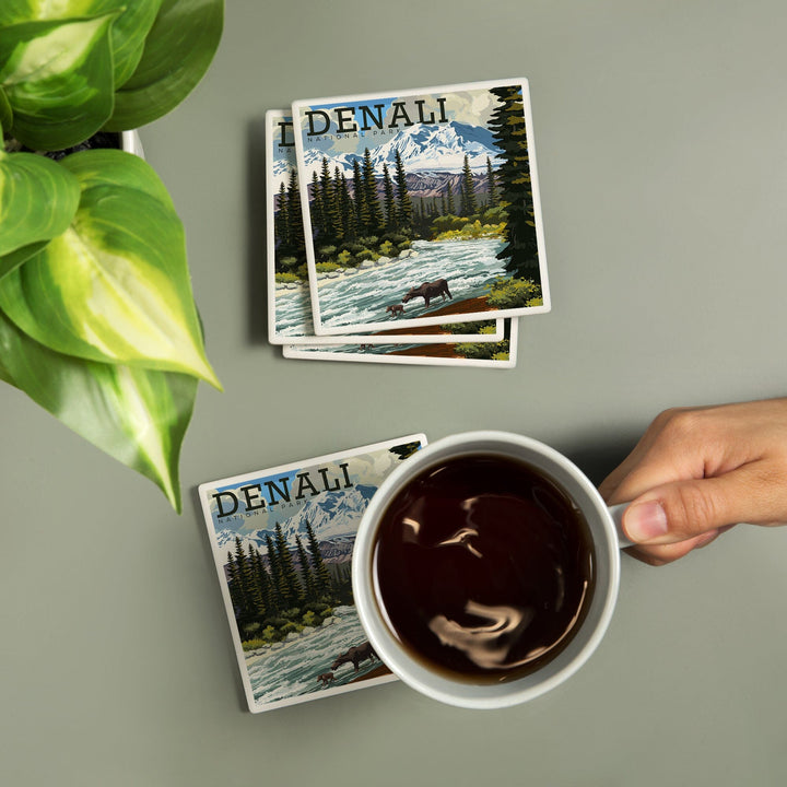 Denali National Park, Alaska, Moose and River Rapids, Lantern Press Artwork, Coaster Set - Lantern Press