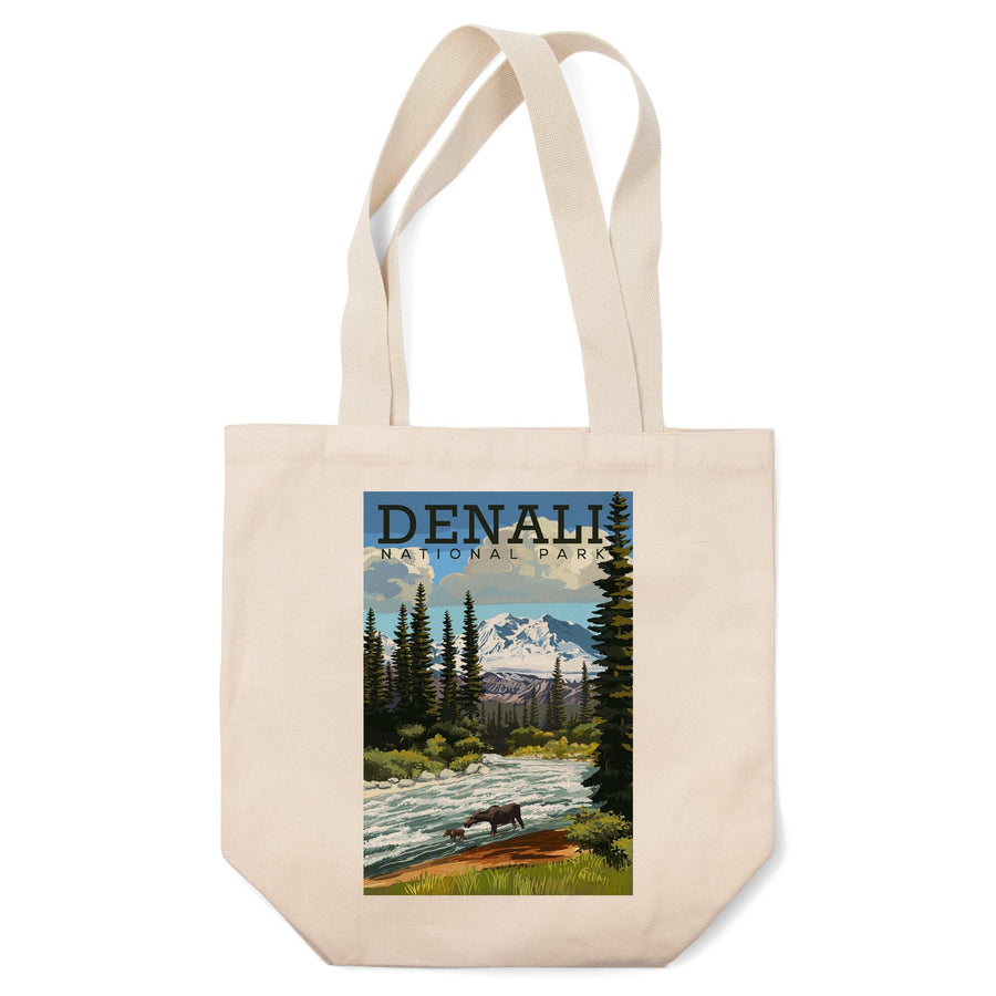 Denali National Park, Alaska, Moose and River Rapids, Lantern Press Artwork, Tote Bag Totes Lantern Press 