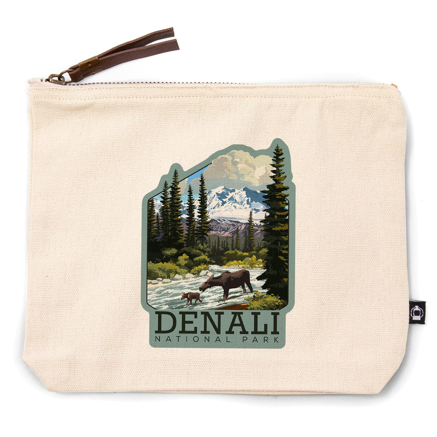 Denali National Park, Alaska, Moose and River Rapids, Organic Cotton Zipper Pouch, Go Bag Go Bag Lantern Press 
