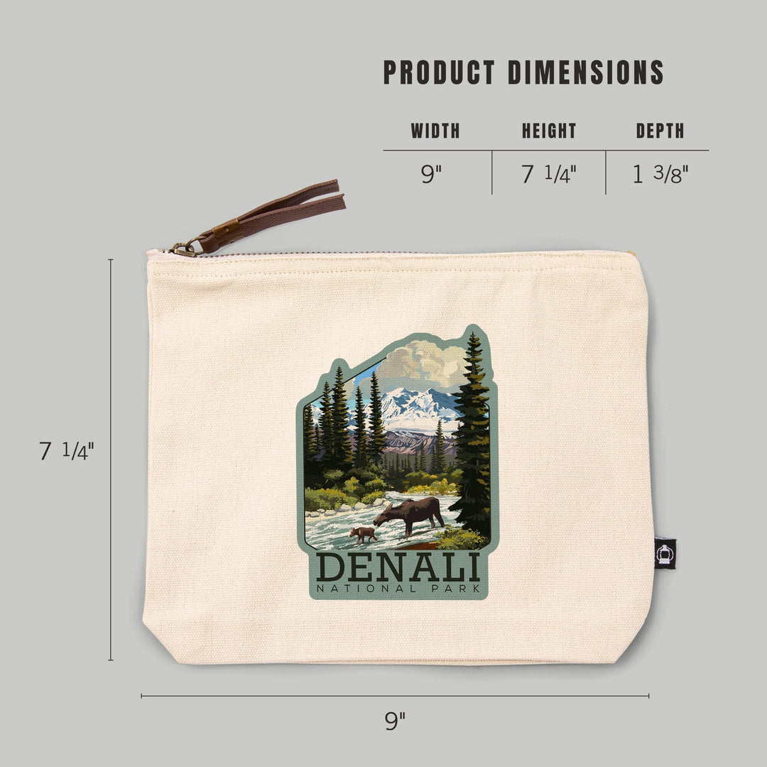 Denali National Park, Alaska, Moose and River Rapids, Organic Cotton Zipper Pouch, Go Bag Go Bag Lantern Press 
