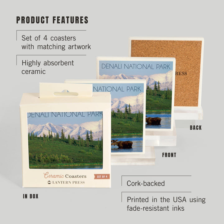 Denali National Park, Alaska, Moose and Water, Coasters Coasters Lantern Press 
