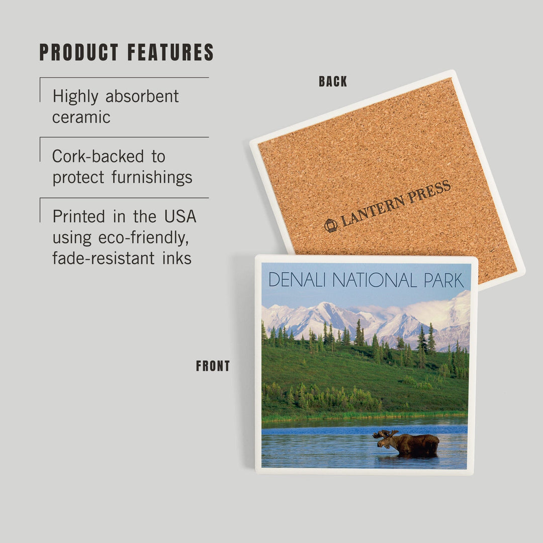 Denali National Park, Alaska, Moose and Water, Coasters Coasters Lantern Press 