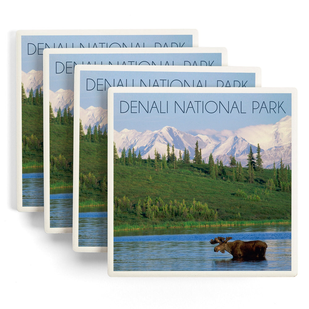 Denali National Park, Alaska, Moose and Water, Coasters Coasters Lantern Press 