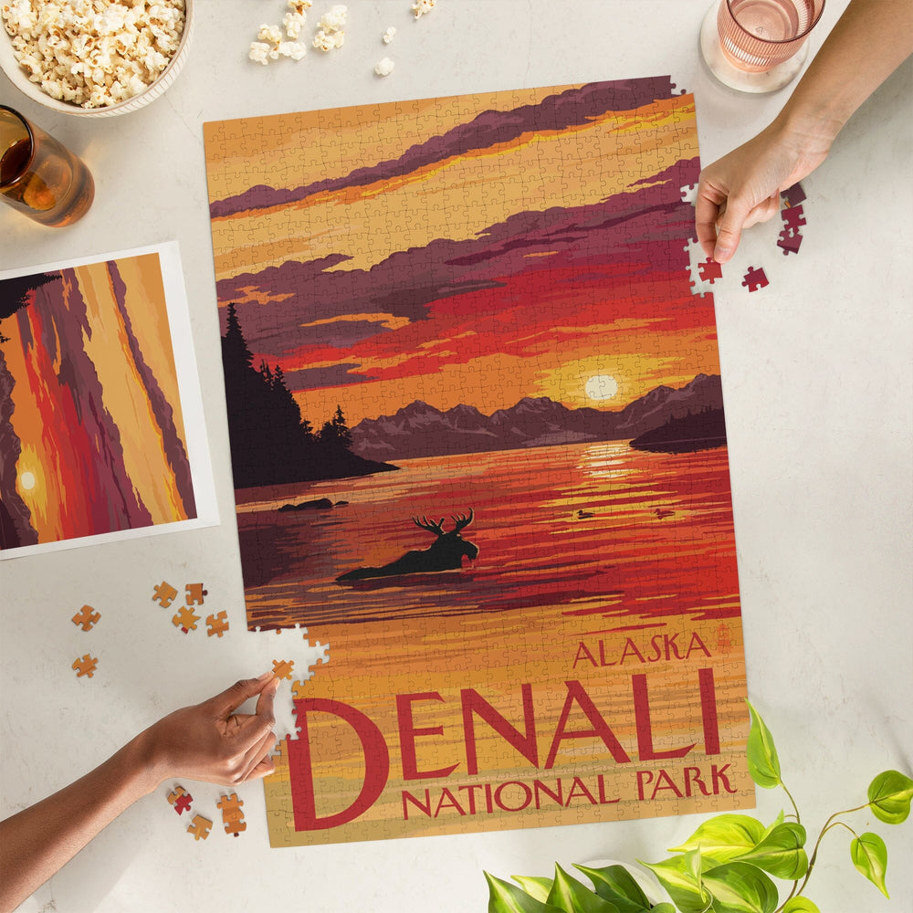 Denali National Park, Alaska, Moose at Sunset, Jigsaw Puzzle Puzzle Lantern Press 