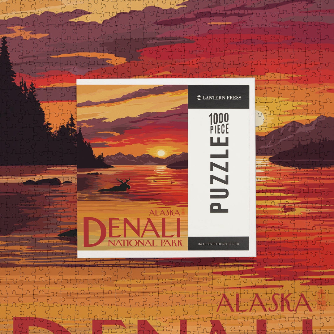 Denali National Park, Alaska, Moose at Sunset, Jigsaw Puzzle Puzzle Lantern Press 