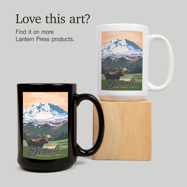 Denali National Park, Alaska, Moose & Mountains, Lantern Press Artwork, Ceramic Mug Mugs Lantern Press 
