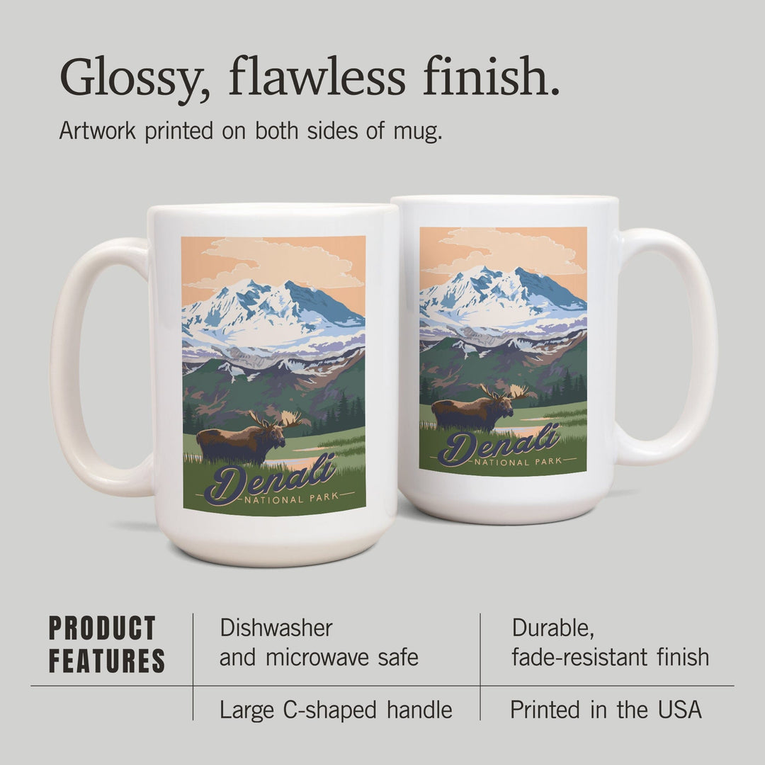 Denali National Park, Alaska, Moose & Mountains, Lantern Press Artwork, Ceramic Mug Mugs Lantern Press 