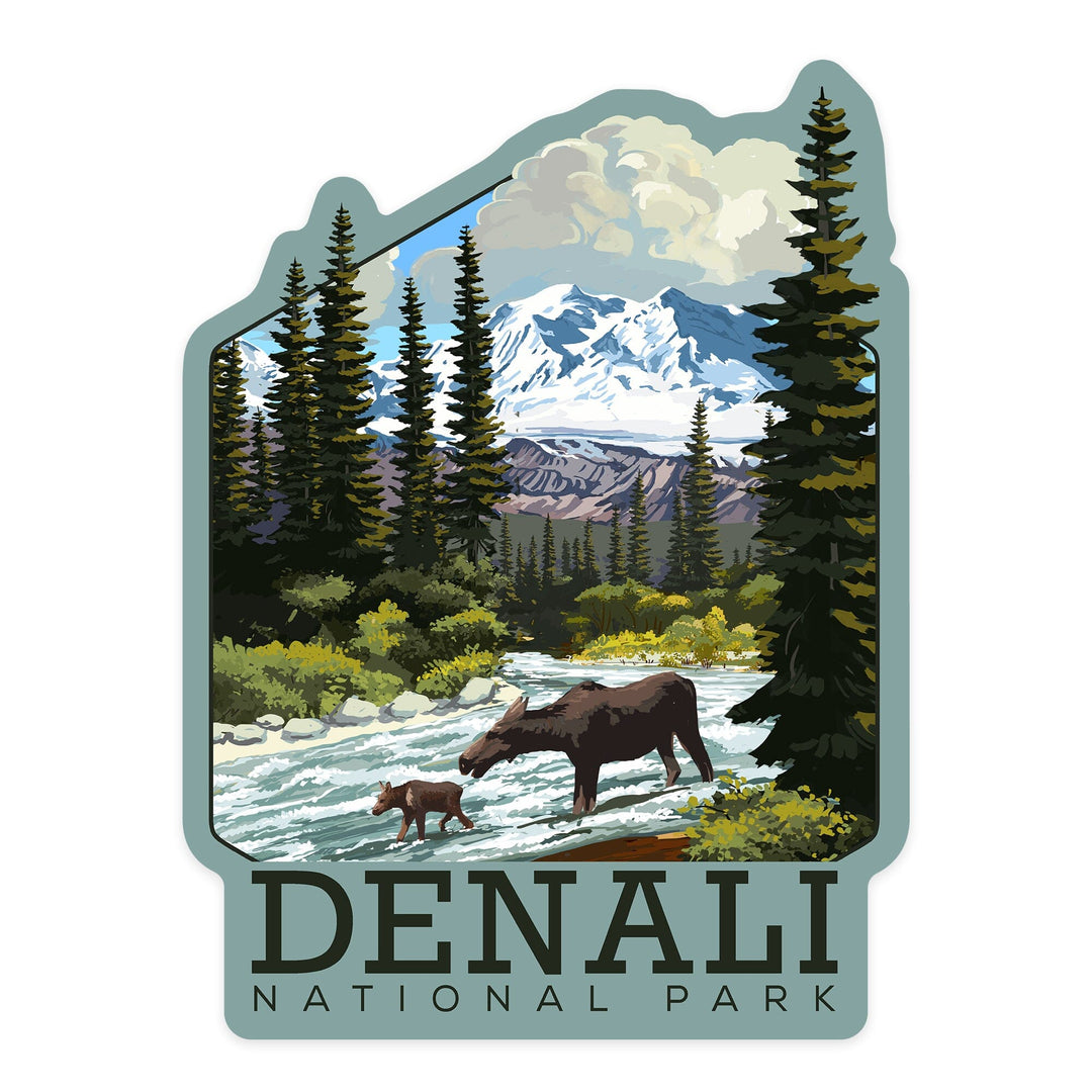 Denali National Park, Alaska, Moose & River Rapids, Contour, Lantern Press Artwork, Vinyl Sticker Sticker Lantern Press 