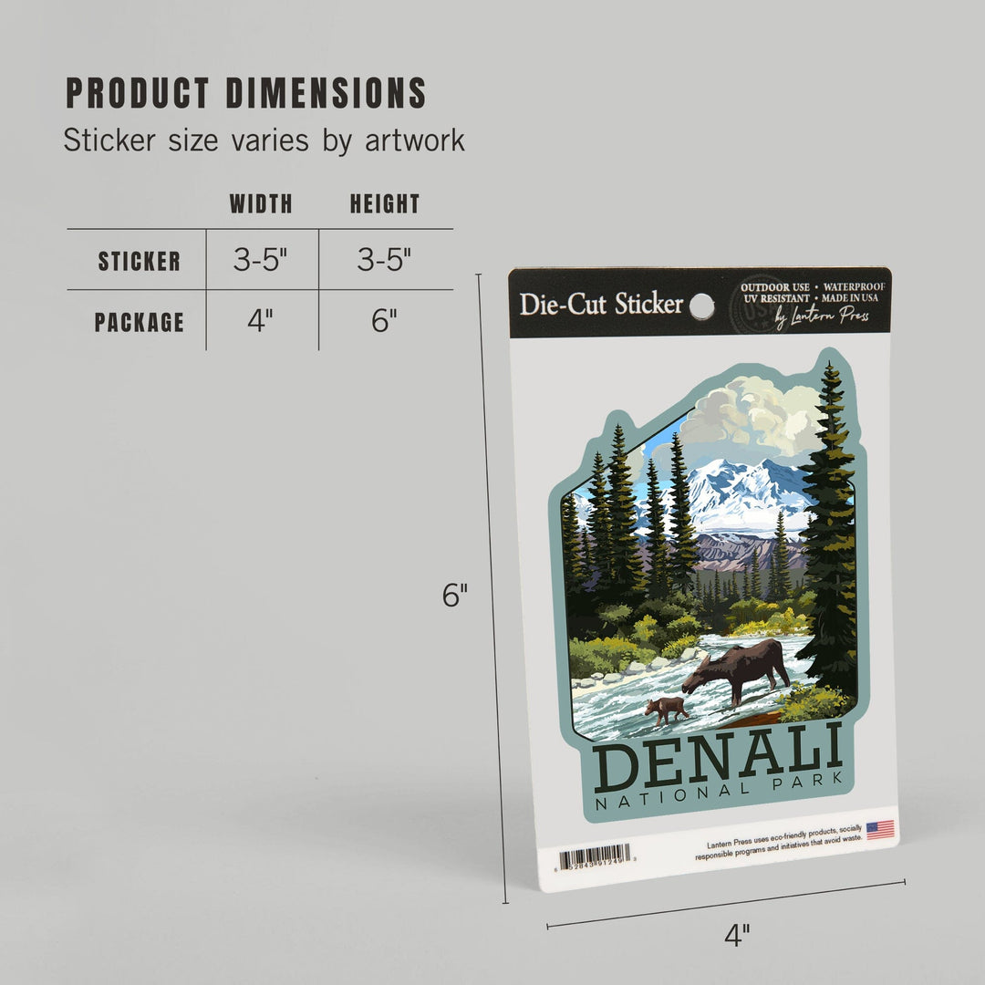 Denali National Park, Alaska, Moose & River Rapids, Contour, Lantern Press Artwork, Vinyl Sticker Sticker Lantern Press 